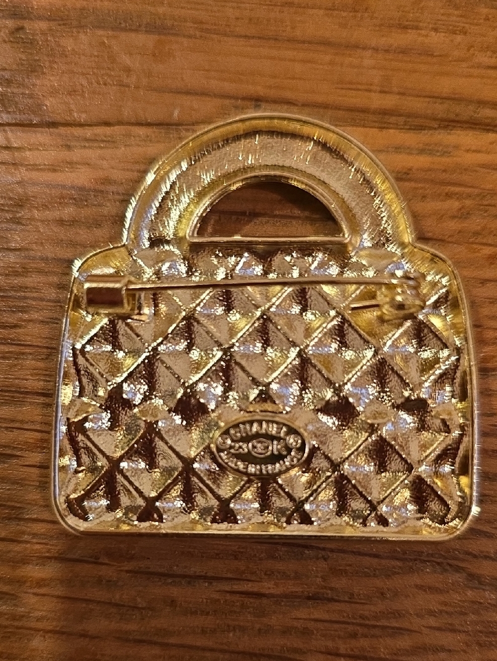 Red Enamel Quilted CC Crystal Brooch with Gold-Tone Trim (Stamped) - Picture 4 of 5